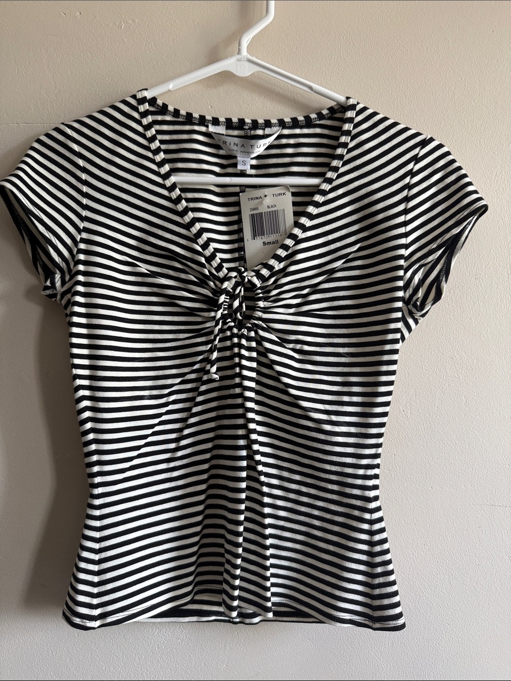 Trina Turk Black & White Striped Tie-Front Short Sleeve Top